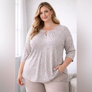 Liz Claiborne 1X Speckled Print 3/4 Sleeve Blouse Keyhole Neck Stretch Top